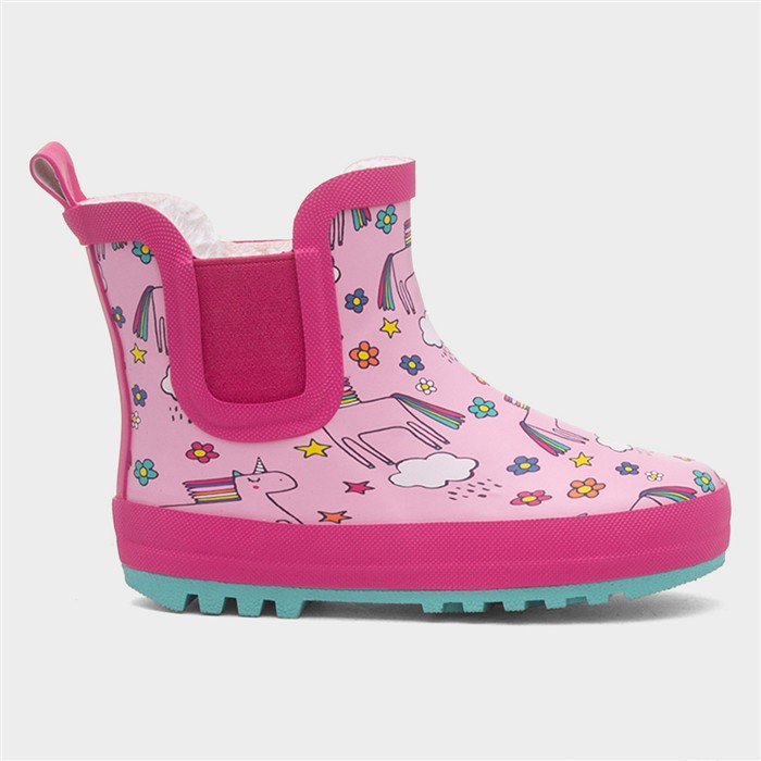 Girls Pink Warm Lined Chelsea Unicorn Ankle Welly