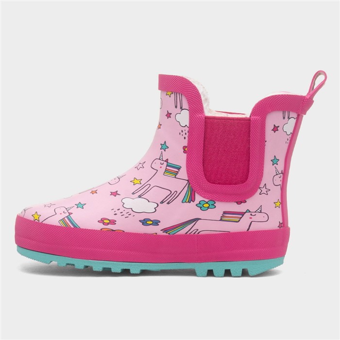 Girls Pink Warm Lined Chelsea Unicorn Ankle Welly
