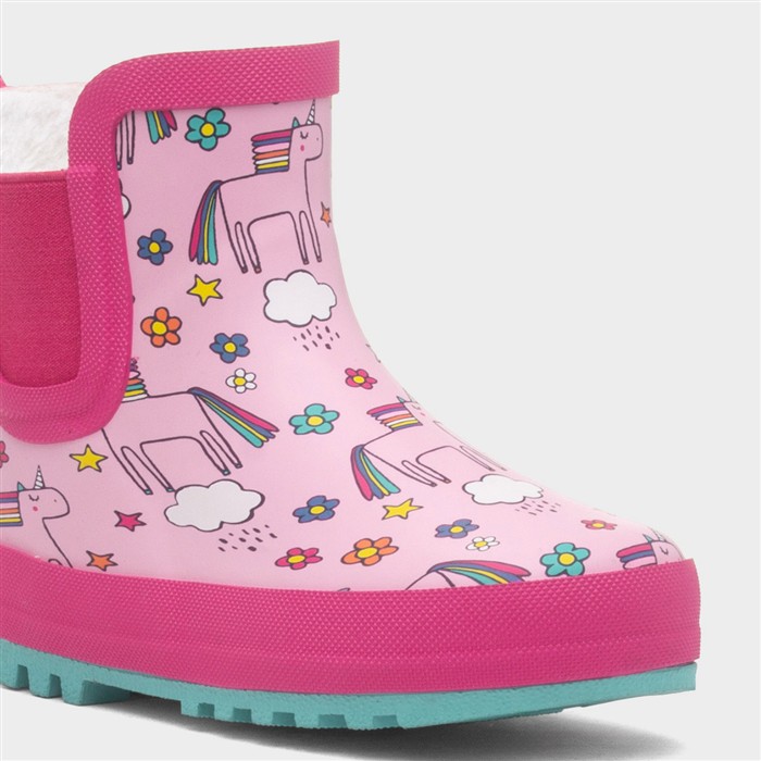 Girls Pink Warm Lined Chelsea Unicorn Ankle Welly