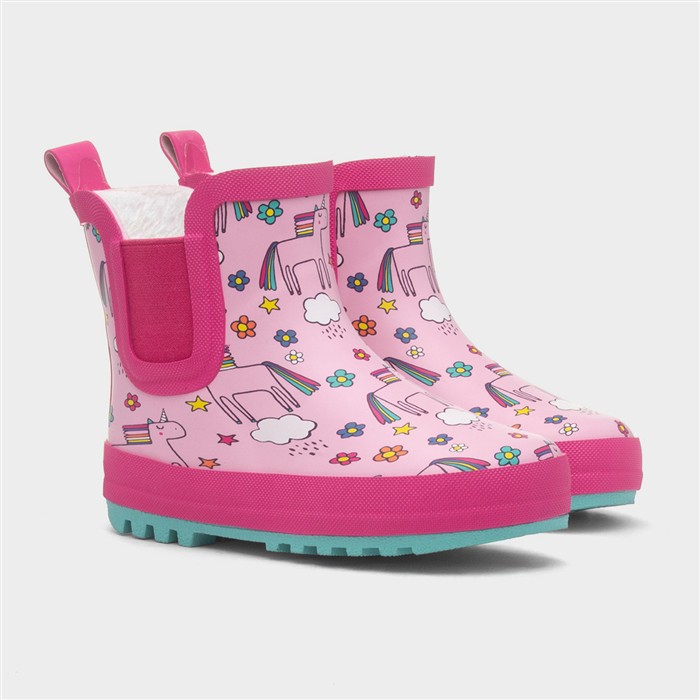 Girls Pink Warm Lined Chelsea Unicorn Ankle Welly
