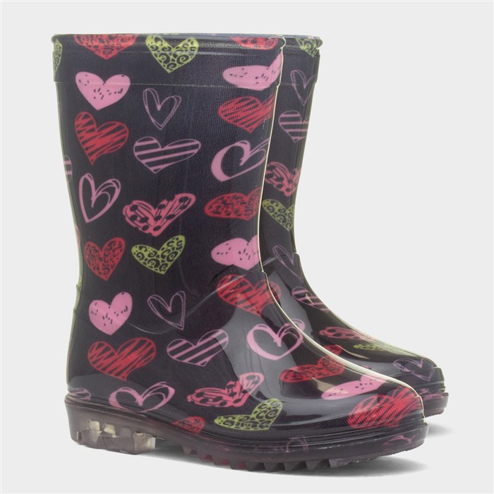 Girls Black Love Hearts Welly