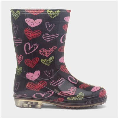 Sunny Girls Black Love Hearts Welly