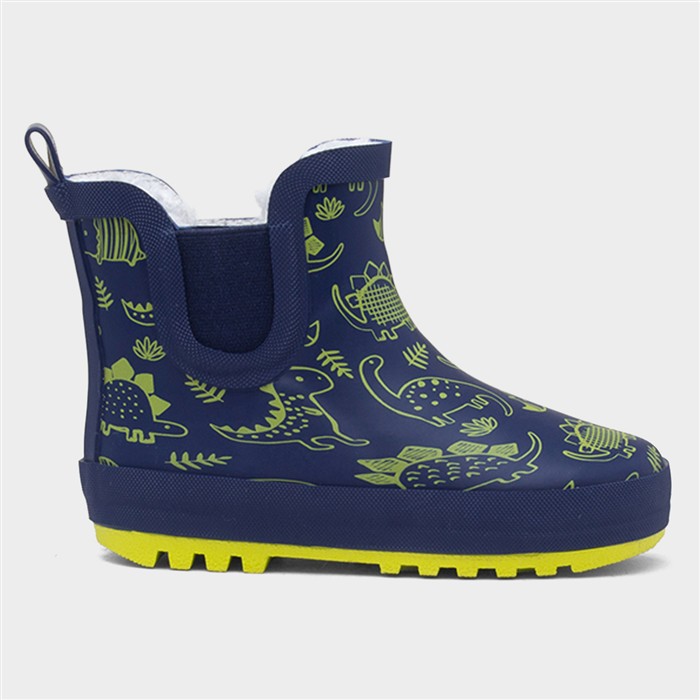 Boys Navy & Lime Warm Lined Dinosaur Chelsea Welly