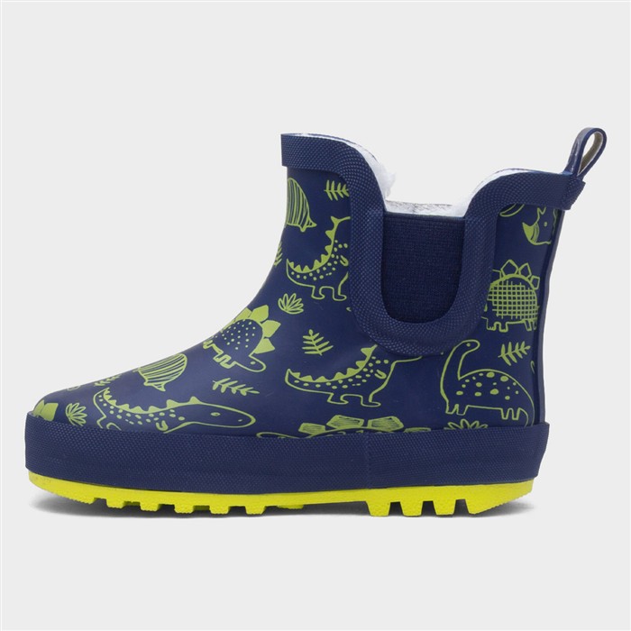 Boys Navy & Lime Warm Lined Dinosaur Chelsea Welly