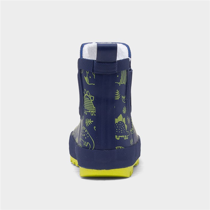 Boys Navy & Lime Warm Lined Dinosaur Chelsea Welly