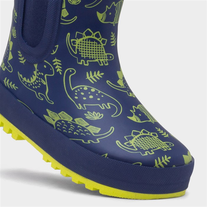 Boys Navy & Lime Warm Lined Dinosaur Chelsea Welly