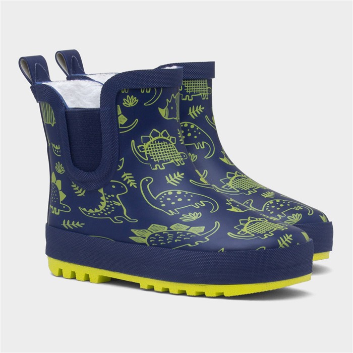 Boys Navy & Lime Warm Lined Dinosaur Chelsea Welly