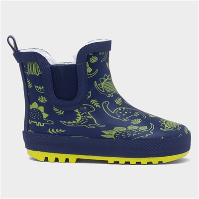 Kids Navy & Lime Faux Fur Lined Chelsea Welly