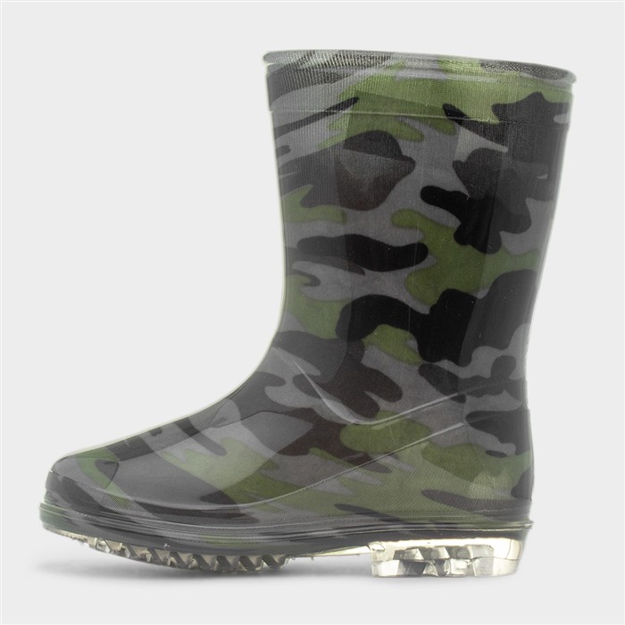 Boys Black & Green Camo Welly