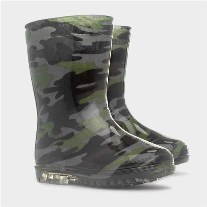Boys Black & Green Camo Welly