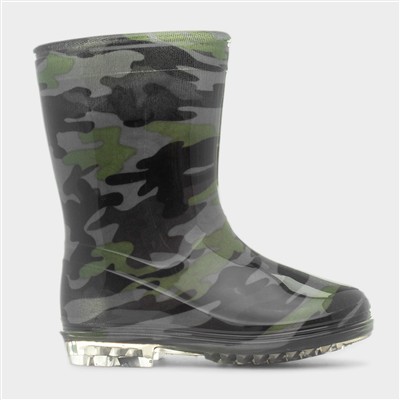 Boys Black & Green Camo Welly