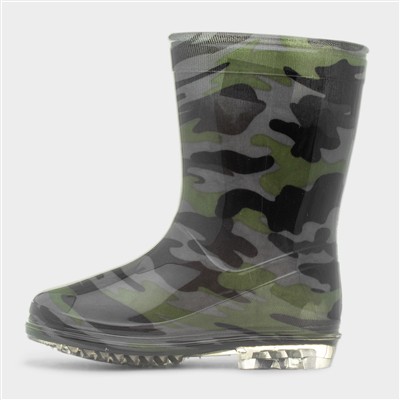Boys Black & Green Camo Welly