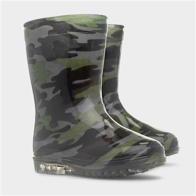 Boys Black & Green Camo Welly