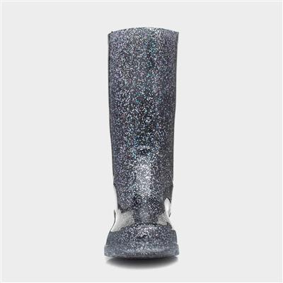 Girls Black Glitter Welly