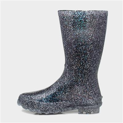 Girls Black Glitter Welly