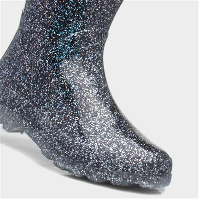 Girls Black Glitter Welly