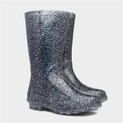 Girls Black Glitter Welly