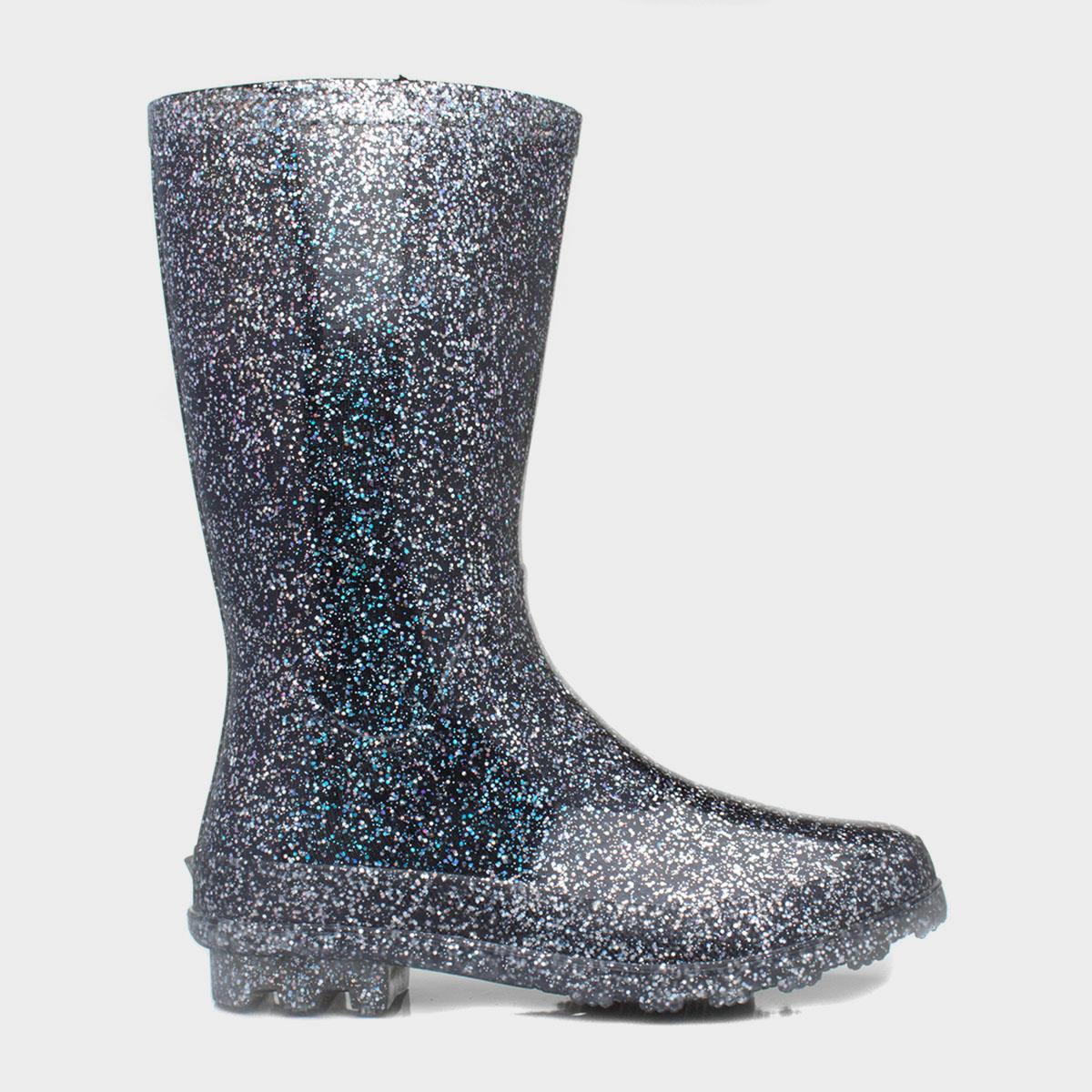 Girls Black Glitter Welly