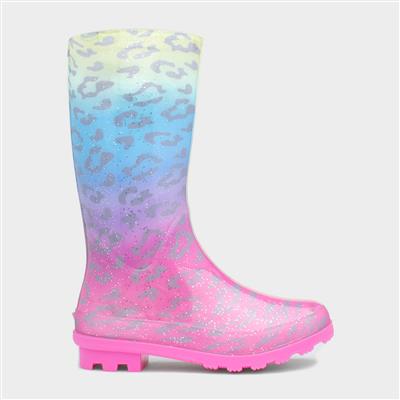 Stormy Kids Rainbow Leopard Print Glitter Welly