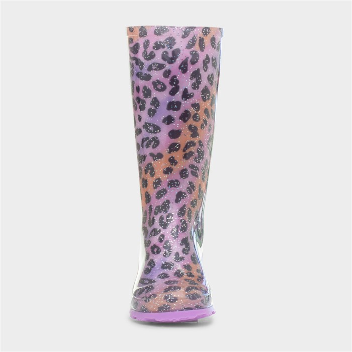 Girls Multi Leopard Print Glitter Welly