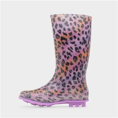 Girls Multi Leopard Print Glitter Welly