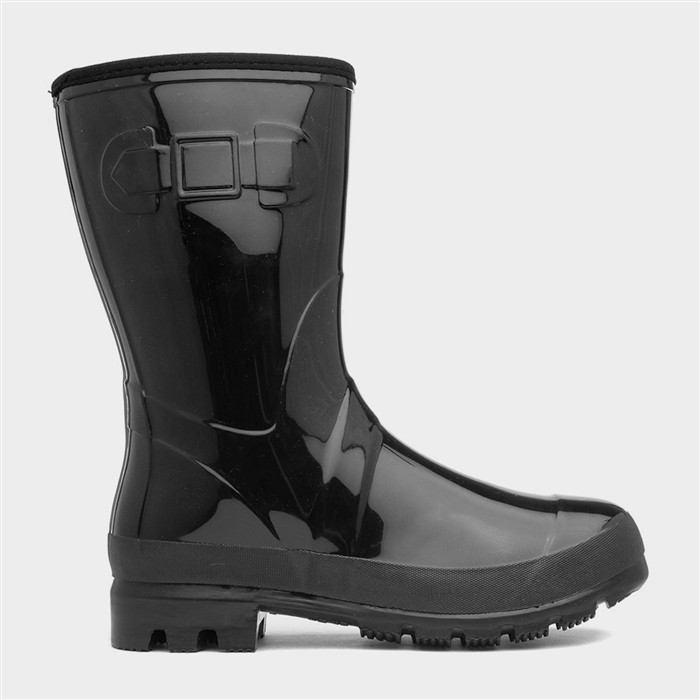 Womens Black Patent Warm Lined Welly