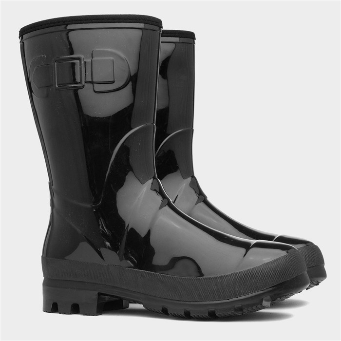 Womens Black Patent Warm Lined Welly