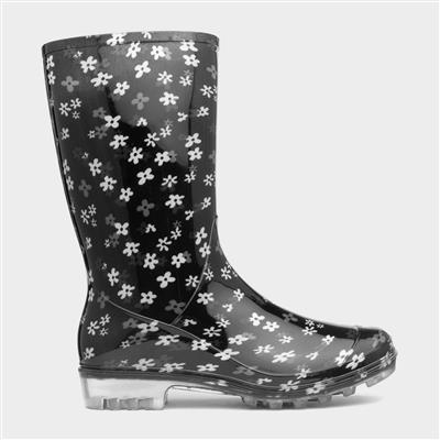 Sunshine Womens Black Floral Print Welly