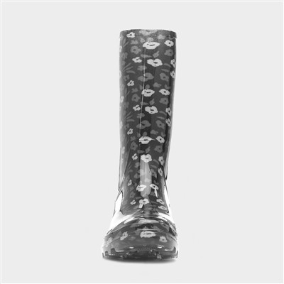 Womens Black Flower Print Welly