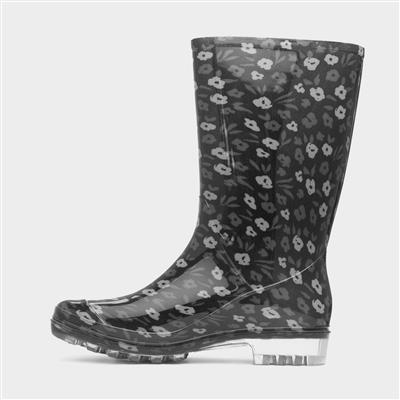 Womens Black Flower Print Welly