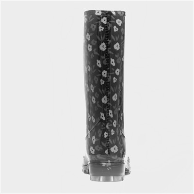 Womens Black Flower Print Welly