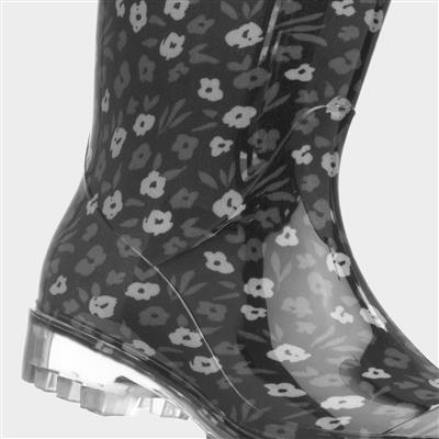 Womens Black Flower Print Welly