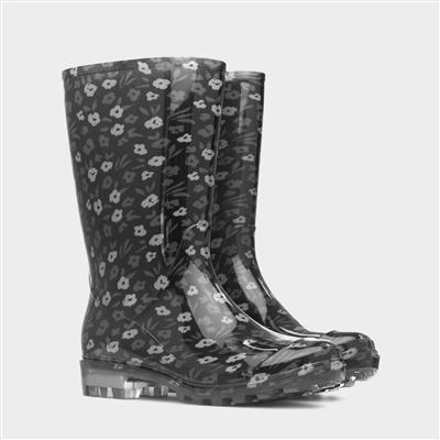 Womens Black Flower Print Welly