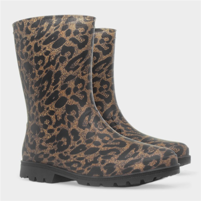 Womens Brown Leopard Print Welly