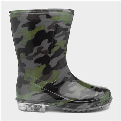 Kids Black and Green Camouflage Welly