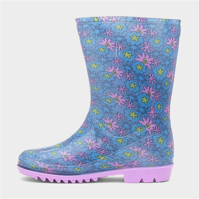 Kids Blue Character Floral Welly