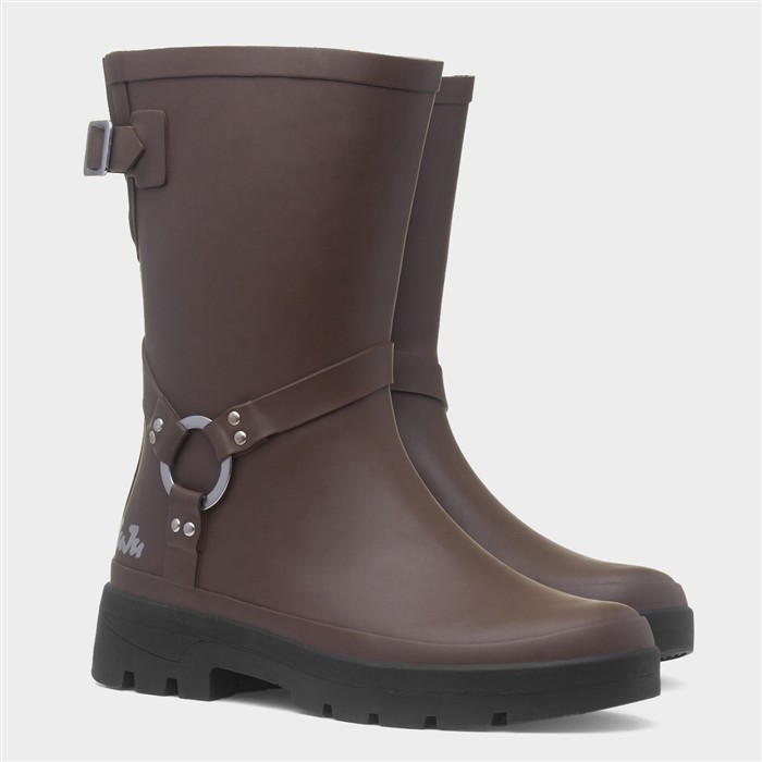 Womens Brown Biker Buckle Welly