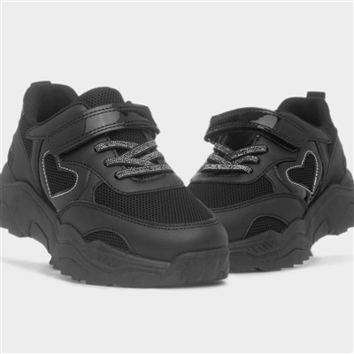 Girls Black Chunky Easy Fasten Heart Trainer