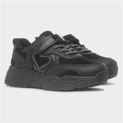 Girls Black Chunky Easy Fasten Heart Trainer