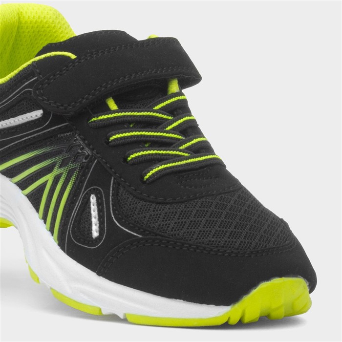 Kids Black & Lime Green Easy Fasten Trainer