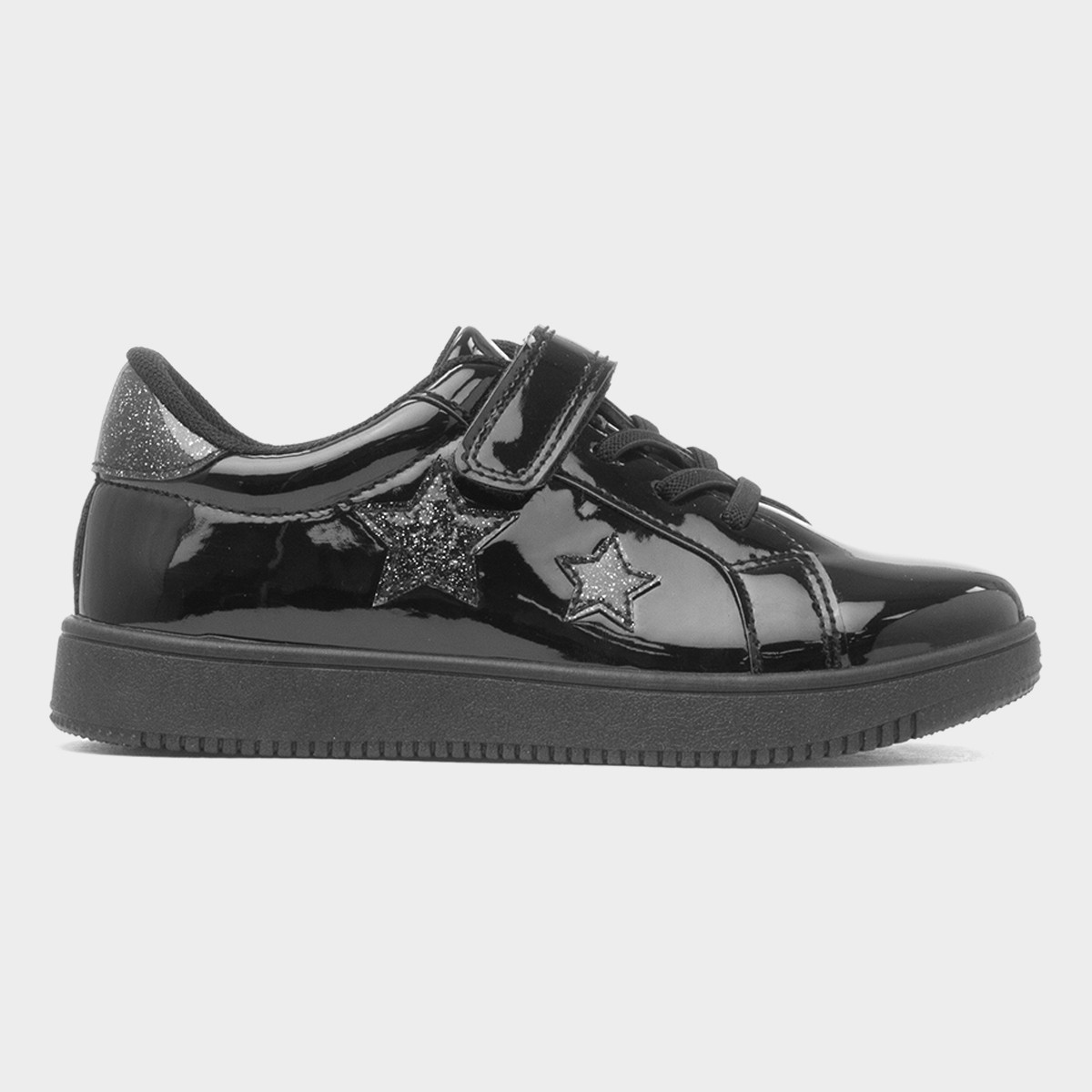 XL Kids Black Easy Fasten Patent Trainer-80007 | shoezone