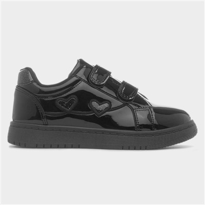 Girls Black Patent Easy Fasten Heart Trainer