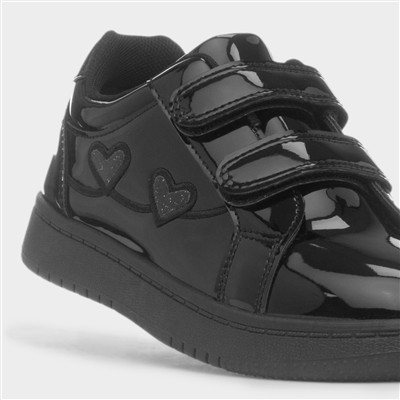 Girls Black Patent Easy Fasten Heart Trainer