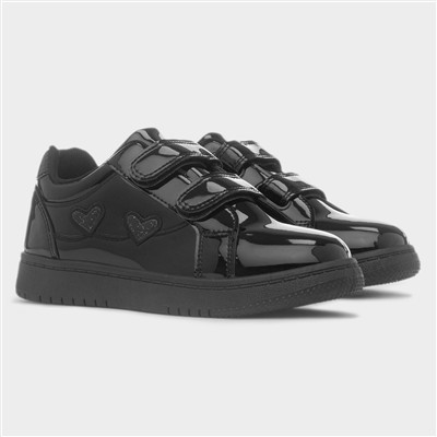Girls Black Patent Easy Fasten Heart Trainer