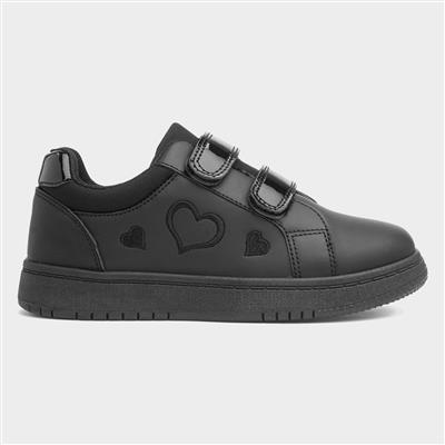 Kids Black Easy Fasten Hearts Trainer