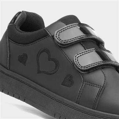 Kids Black Easy Fasten Hearts Trainer