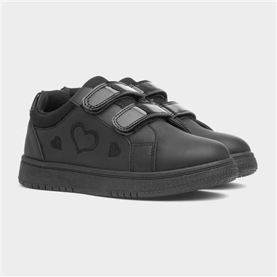 Kids Black Easy Fasten Hearts Trainer