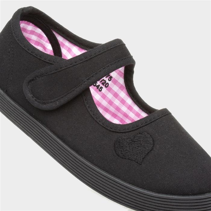 Girls Black Easy Fasten Plimsolls Shoes