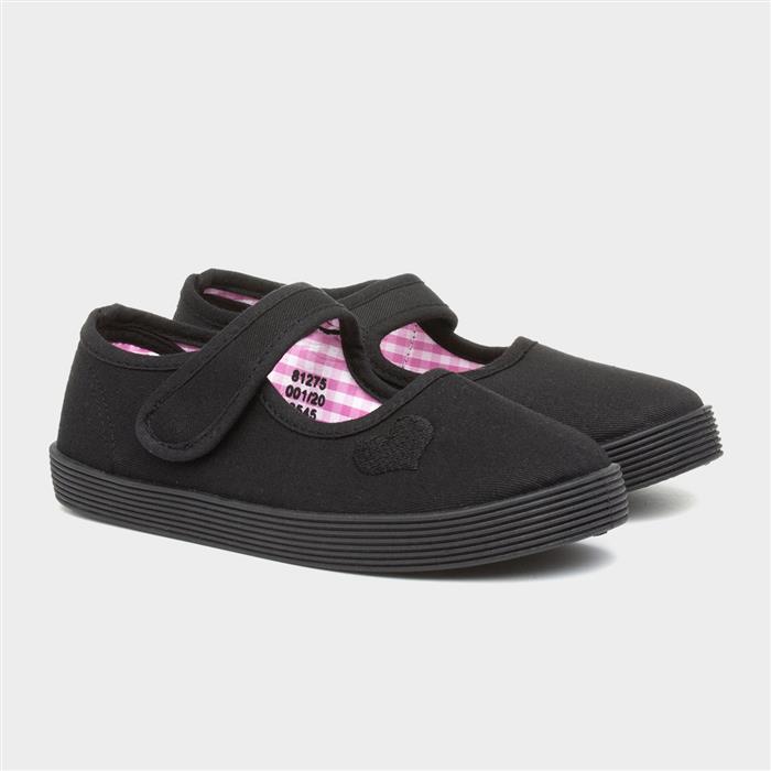 Girls Black Easy Fasten Plimsolls Shoes