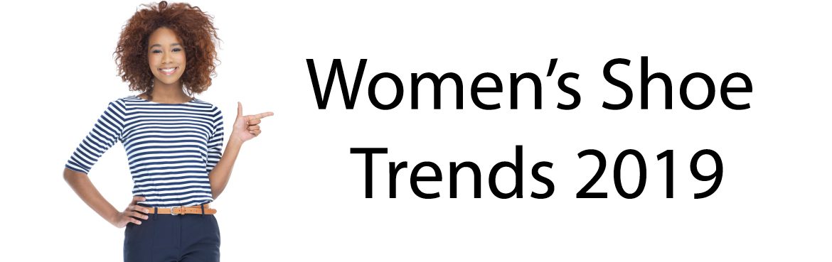 A Woman smiling and pointing at subtitle:Women's shoe trends 2019'